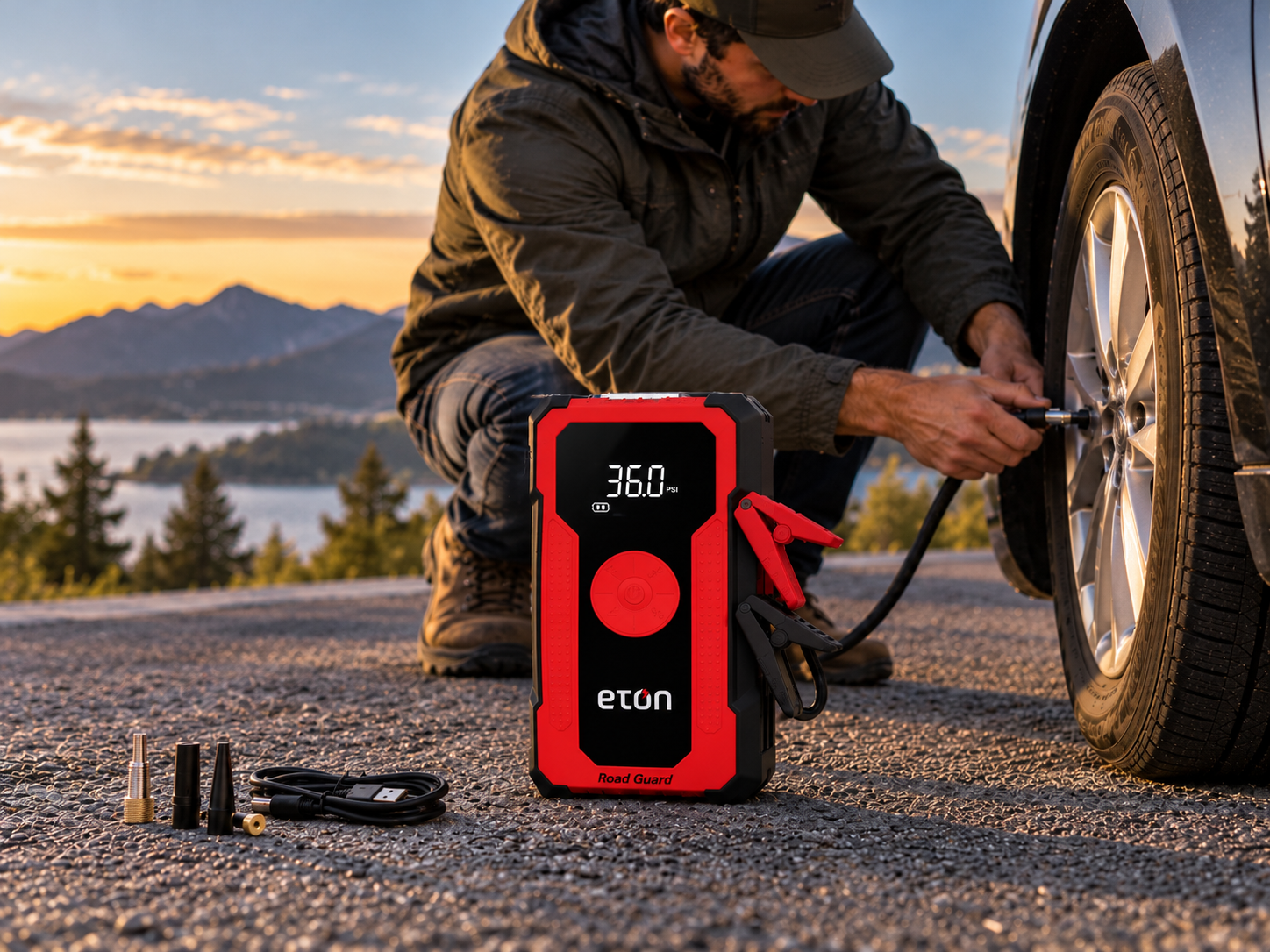 ROADGUARD | Portable Compact Multi-Function Jump Starter with Air Compressor, LED Flashlight and Power Bank